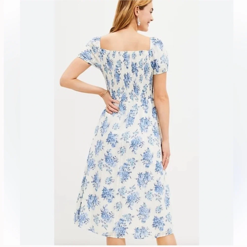 LOFT Women's Floral Puff Sleeve Midi Dress Blue Size small Casual Spring